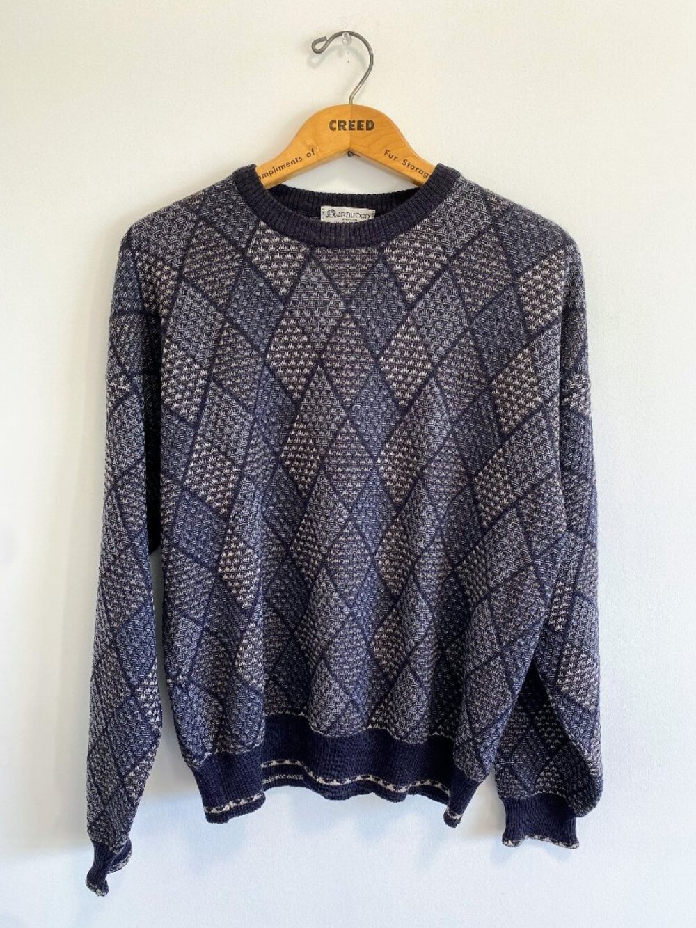 Vintage Grey Argyle Sweater / 90s / 100% Merino Wool
